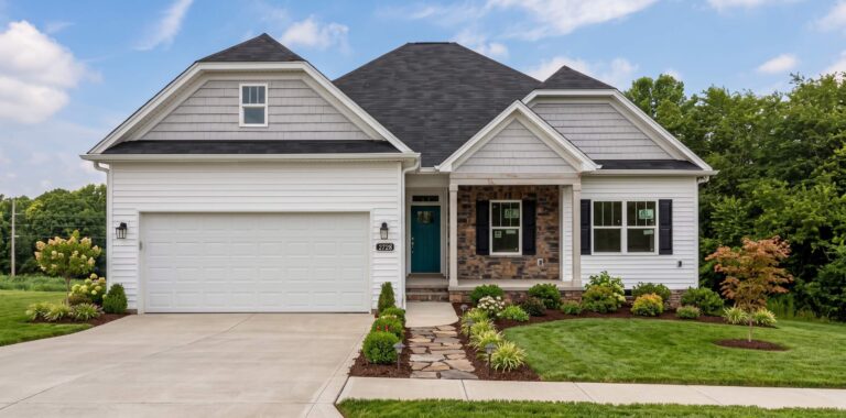 Front elevation of a new single-story white and stone craftsman-style home with a dark gray shingled roof, a paved driveway leading to a two-car garage, and freshly landscaped green lawn with flower beds and a stone walkway.