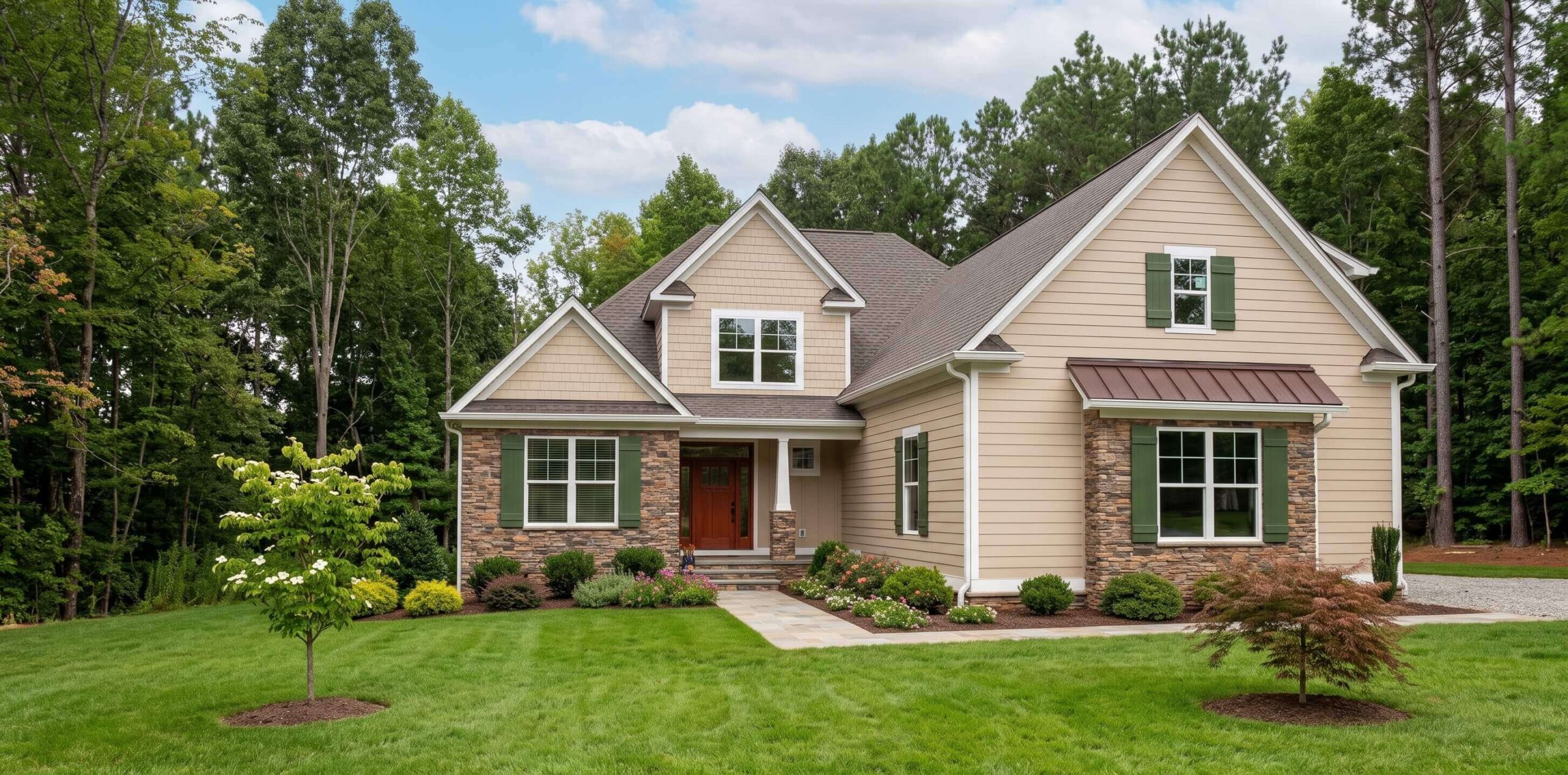 Front exterior of a two-story beige and stone house with green shutters, a brown front door, a metal awning over the front window, and a freshly landscaped lawn surrounded by mature forest trees.