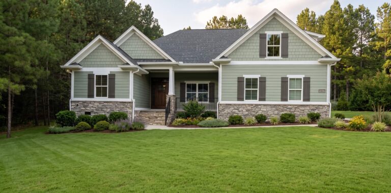 Front exterior of a craftsman-style house with olive green horizontal and shake siding, natural stacked stone veneer, dark gray shutters, and a manicured green lawn, set against a backdrop of pine trees.
