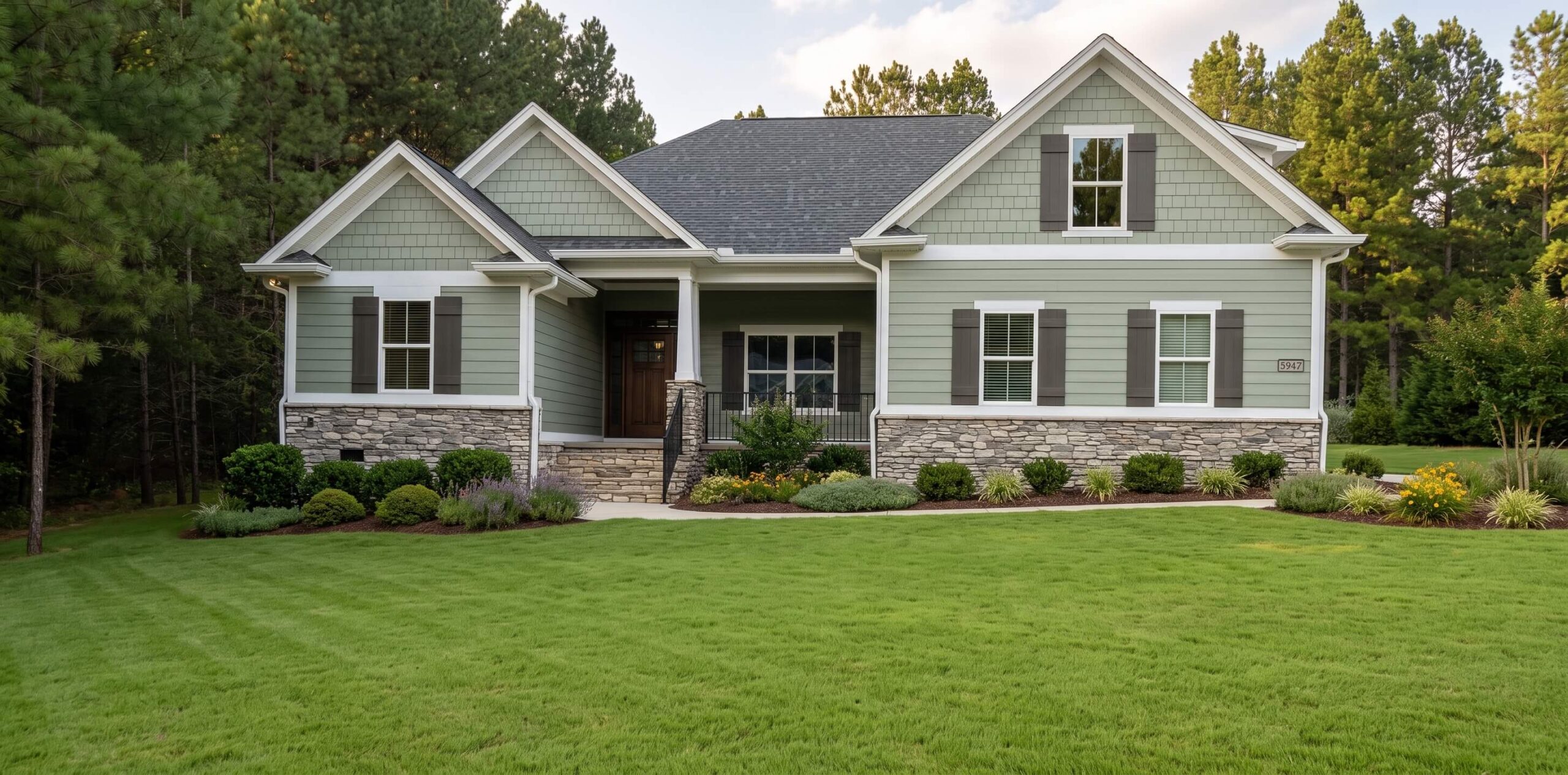 Front exterior of a craftsman-style house with olive green horizontal and shake siding, natural stacked stone veneer, dark gray shutters, and a manicured green lawn, set against a backdrop of pine trees.