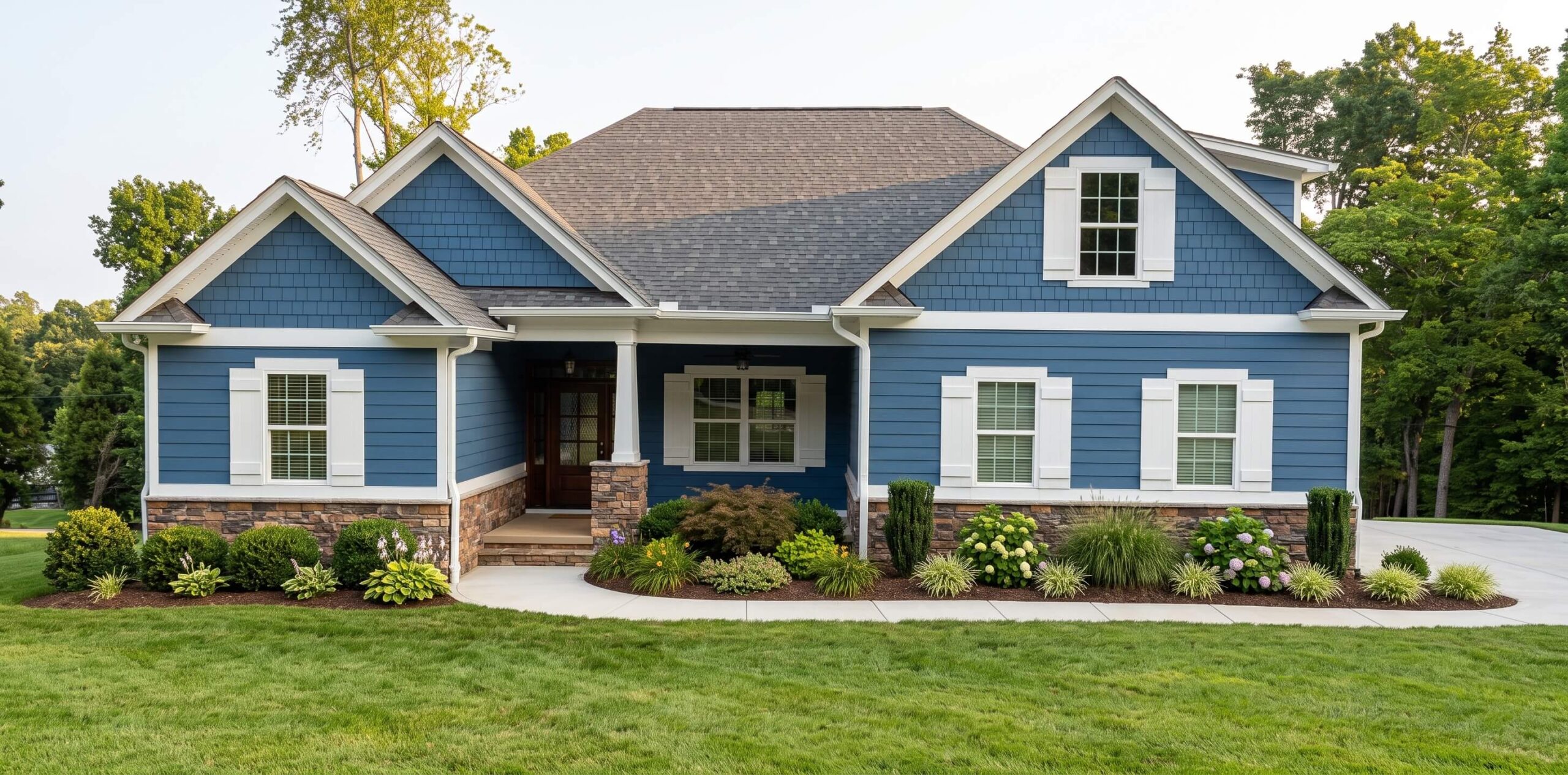 Front elevation of a single-story craftsman home featuring blue siding, white shutters, stacked stone accents, a covered front porch, and a lawn with surrounding trees.