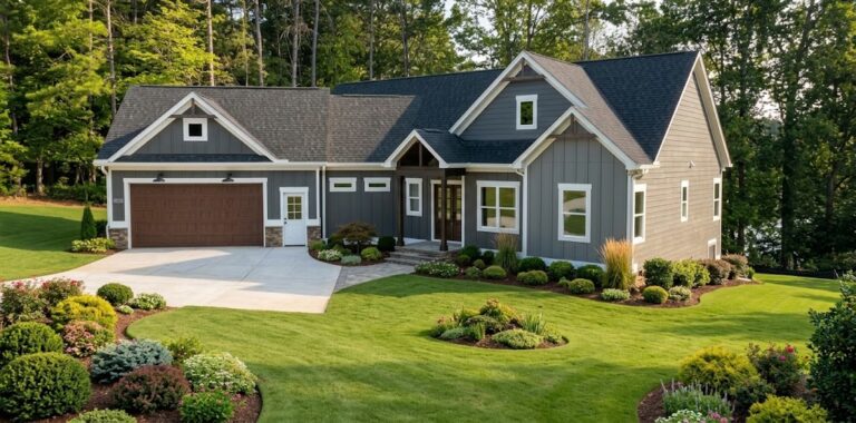 Front elevation of a modern dark gray craftsman home with wood garage doors, green manicured lawn, and lush front yard landscaping surrounded by trees.