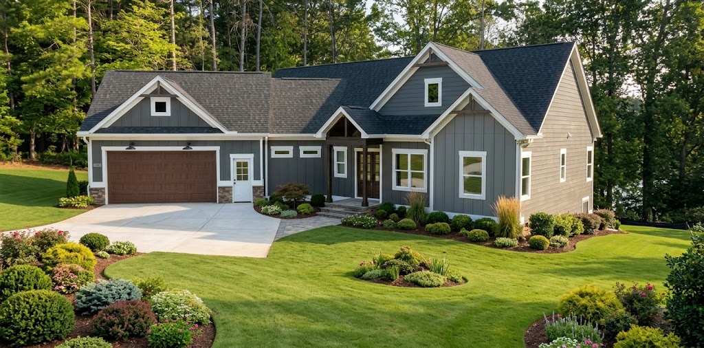 Front elevation of a modern dark gray craftsman home with wood garage doors, green manicured lawn, and lush front yard landscaping surrounded by trees.