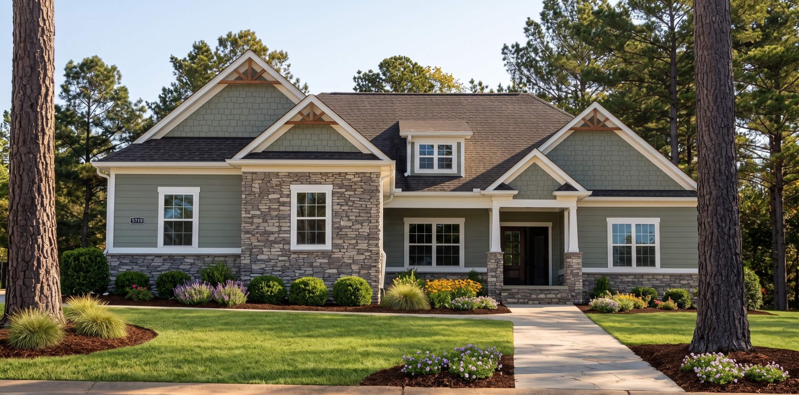 A craftsman-style house with green siding, stone veneer, multiple gables, and wood accents, viewed from a landscaped lawn with a stone pathway and pine trees.