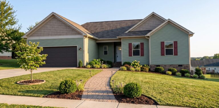 A ranch-style house with light green siding and a shingle gable. Features include a two-car garage, red shutters on the windows, and a landscaped lawn with a stone path and path lighting.