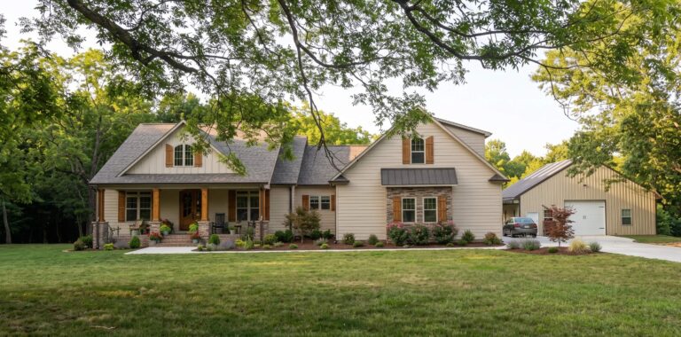 SEO-Optimized Alt Text: "Front view of a custom beige craftsman home with warm wood shutters, stone accents, a covered front porch, landscaped lawn, and a detached outbuilding garage on a wooded lot.
